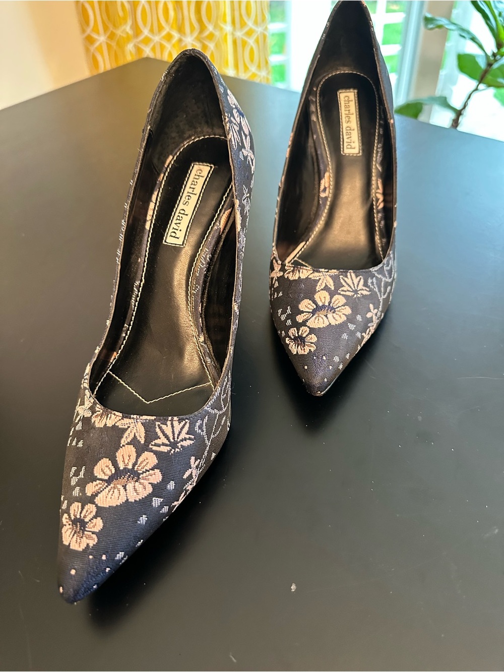Charles David Black Pointed-Toe Floral Jacquard Heels with Light Pink Flowers